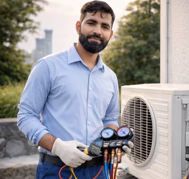 Technician using digital meter for aircond compressor repair and outdoor diagnosis
