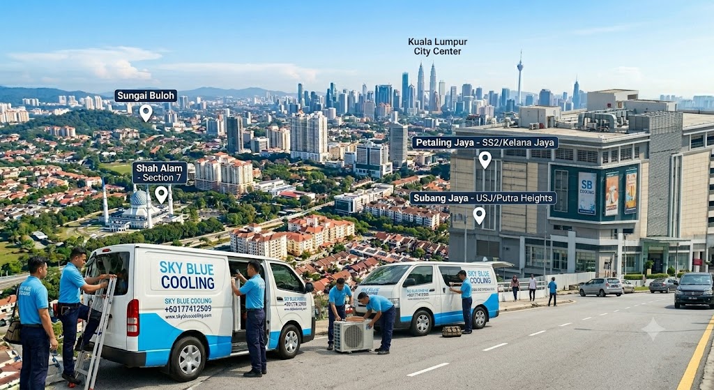 Sky Blue Cooling Aircond Service Vans and Technicians on the Road with Selangor and KL City Skyline View