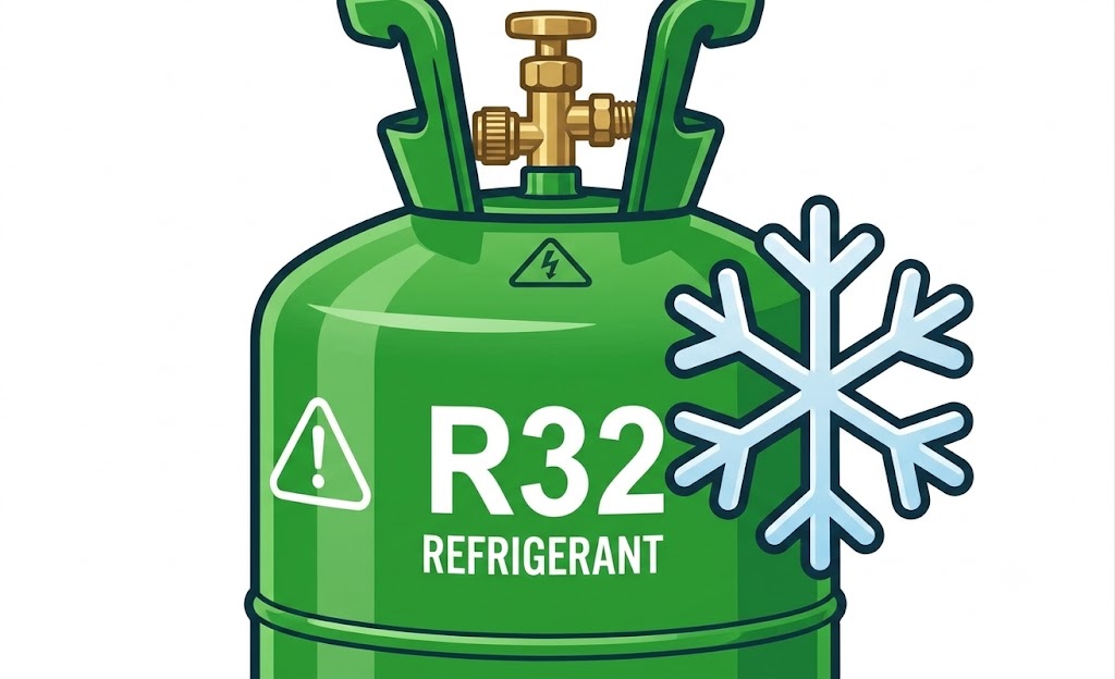 Green R32 refrigerant gas canister for inverter aircond top up service in seri Kembangan